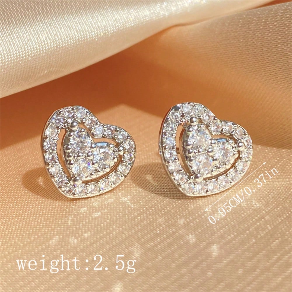 1 Pair Of Full Diamond Inlaid Heart-Shaped Earrings, Simple And Fashionable Earrings, Women'S Temperament Earrings Accessories