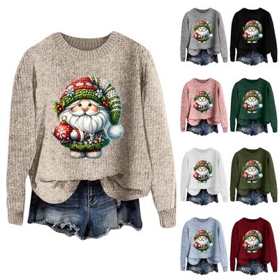 Women's Fashion Casual Long Sleeve Christmas Printed Round Neck Woolen Knit Pullover Top
