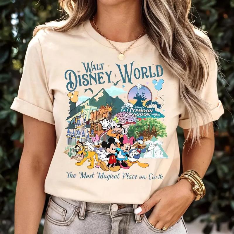 Футболка Walt Disney World 2025 Футболка Disney Mickey Magic Kingdom Animal Kingdom Семейная 100% Чистый Хлопок С принтом Повседневная Футболка XL