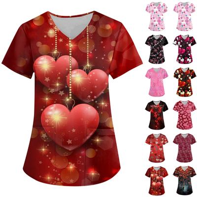 Women's Fashion V-Neck Short Sleeve Workwear With Pocket Valentine's Day Printed Top