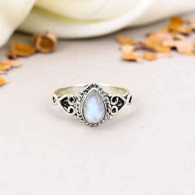925 Sterling Silver Rainbow Moonstone Pear Shape Gemstone Ring For Women