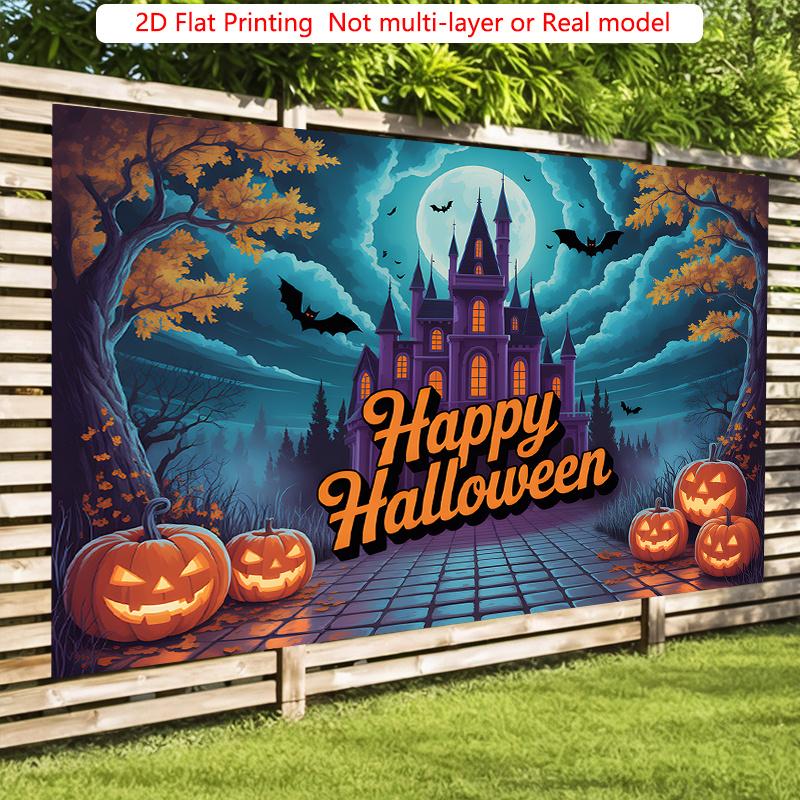 Party Backdrop Halloween Castle Flat Spooky Pumpkin Pumpkins Bats Celebration Photo Booth Party Decor