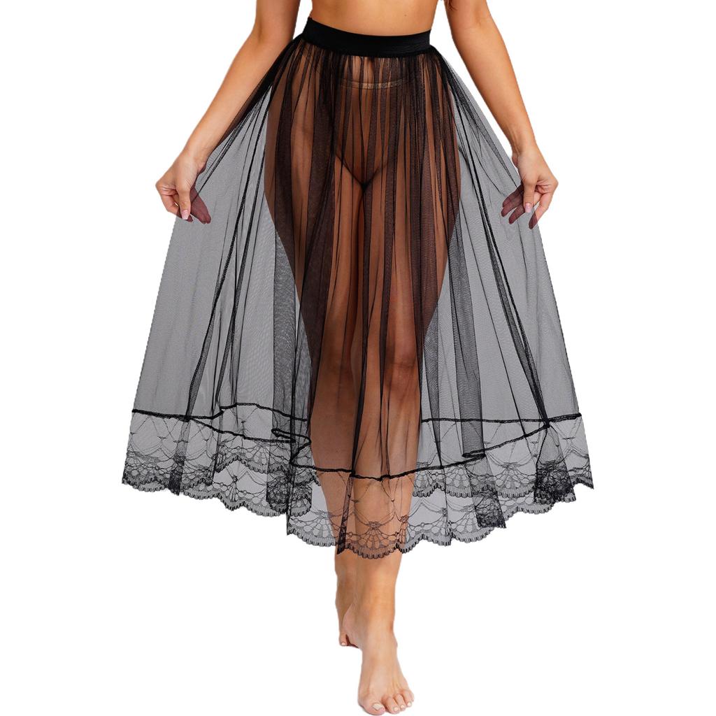 Womens Sheer Mesh Cover Up Skirt Elastic Waistband Lace Trim Midi Tulle Skirt Extender Half Slip