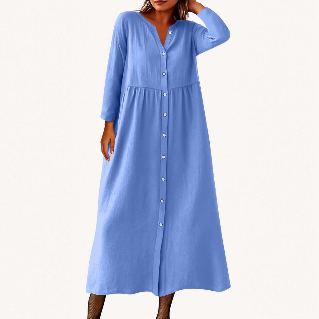 Women's Fashionable Solid Color Round Neck Seven Quarter Sleeve Button Loose Shirt Dress