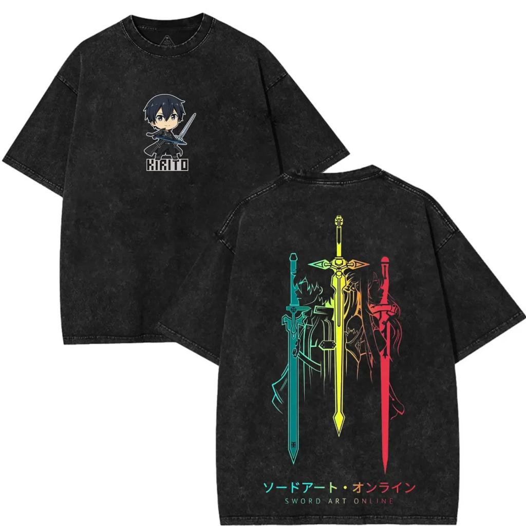 Anime Sword Art Online Graphic Print Tshirt Men Women Retro Washed Cotton Oversized Harajuku Streetwear Fashion Summer New Tee