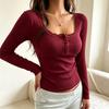 Women's Square Neck Lace Trim Button Front Short Sleeve Fitted Blouse