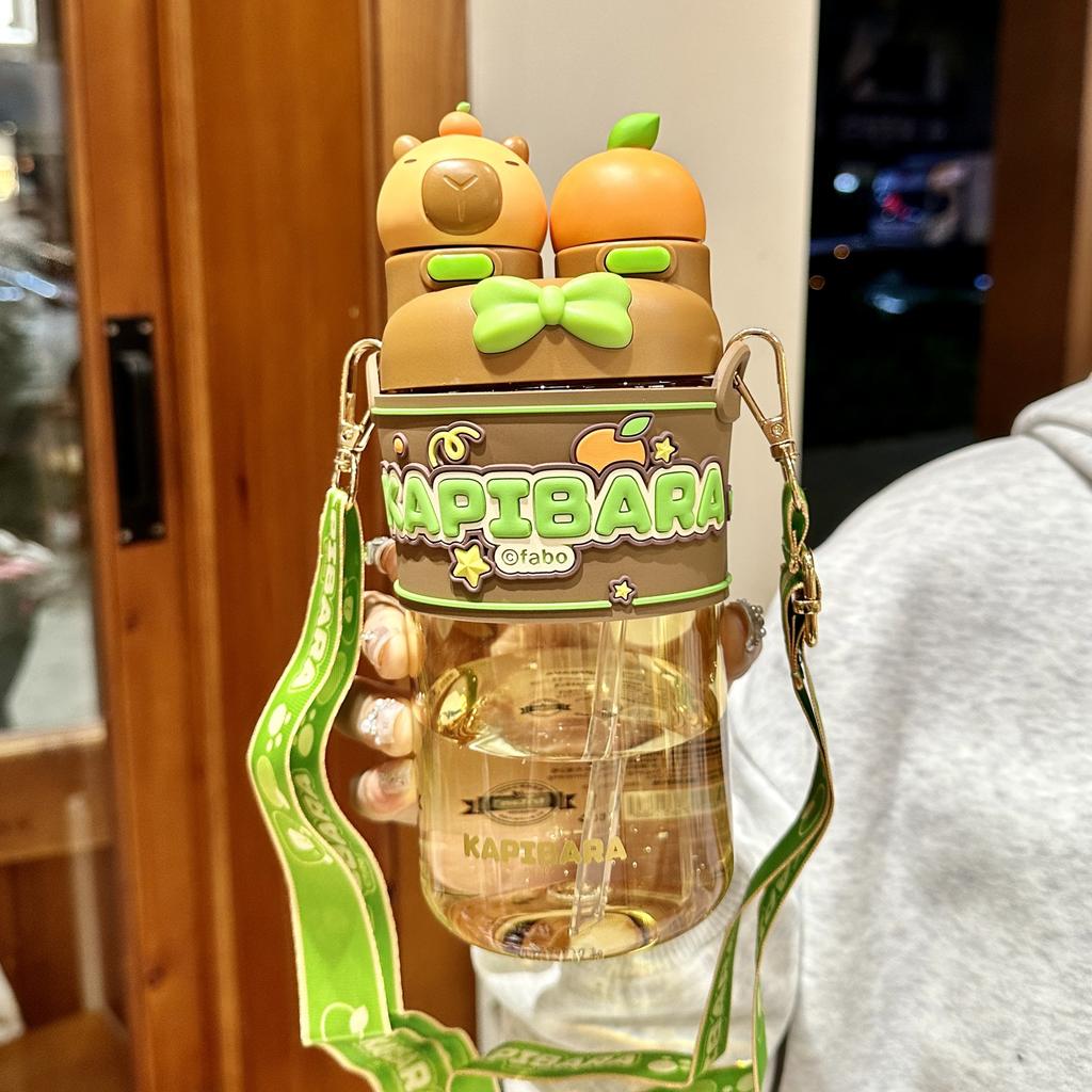 Capybara Cute Summer Kids Plastic Water Bottle for Students Girls kapibara Plastic Cup Portable Strap Children's Cup with Straw