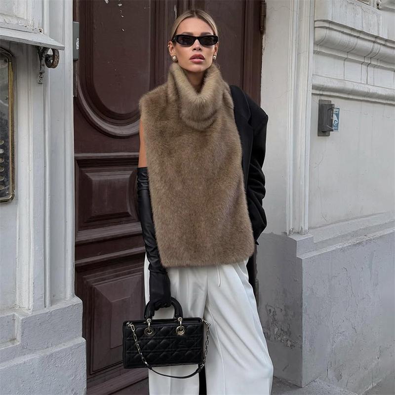 Fashion Faux Fur Sable Vest Crop Top Autumn Winter Turtleneck Eco Mink Fur Tank Tops Sleeveless Jacket Coat