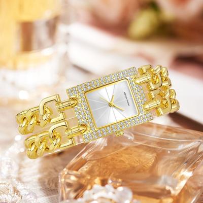 Nieuw Topmerk Luxe Dames Vierkante Diamanten Horloges Legering Klok Dames Gouden Band Horloge Mode Quartz Polshorloge