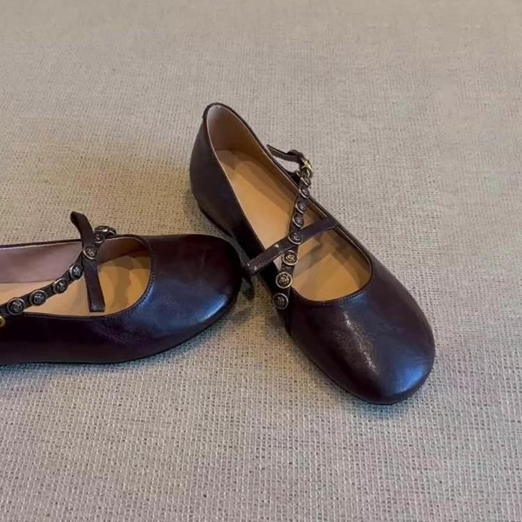 Soft leather version~ French retro light mouth one-word buckle bow single shoes flat soft leather one-pedal Mary Jane shoes women