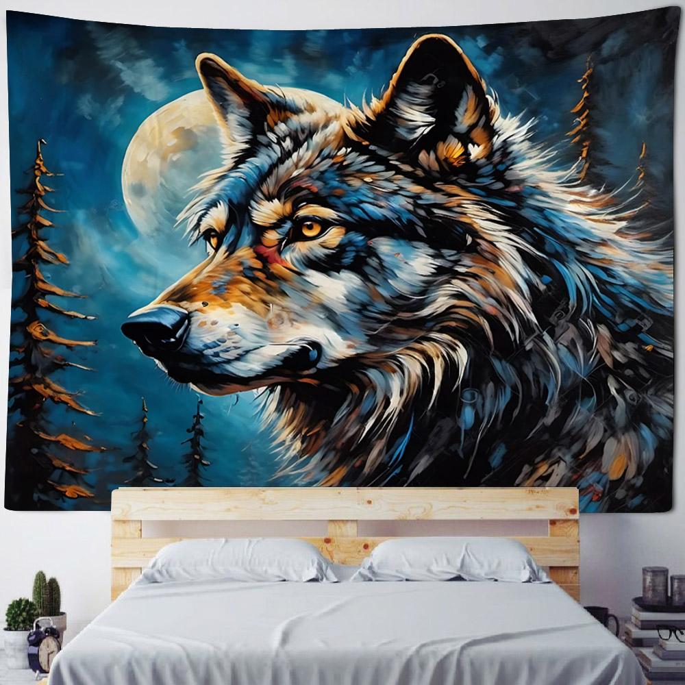 Animal oil painting tapestry, tiger lion elephant wolf, art decoration, wall hanging, hippie, home background cloth, bedroom