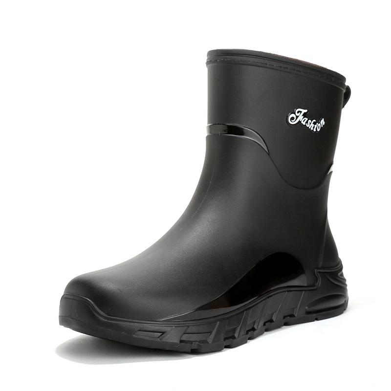 Rain Shoes Men's Medium Tube Non-slip Fishing Rain Boots Waterproof Shoes Velvet Warm Kitchen Bundle Rubber Shoes Car Wash Overshoes