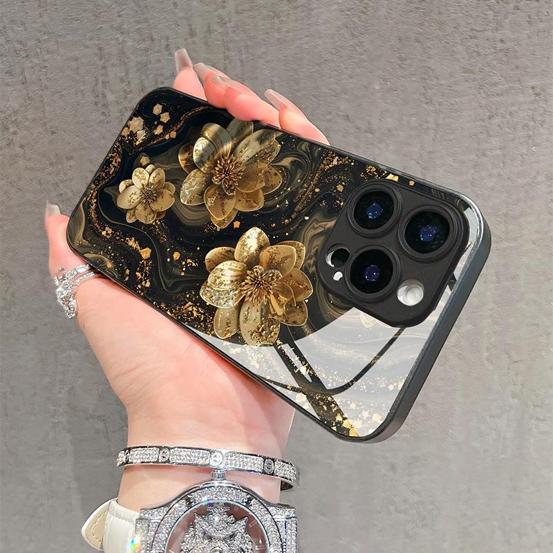 Funda de cristal templado con estampado de flor de loto dorada para iPhone 11 12 13 14 15 16 17 Pro Max 16E 17Air 7 8 Plus XR XS X
