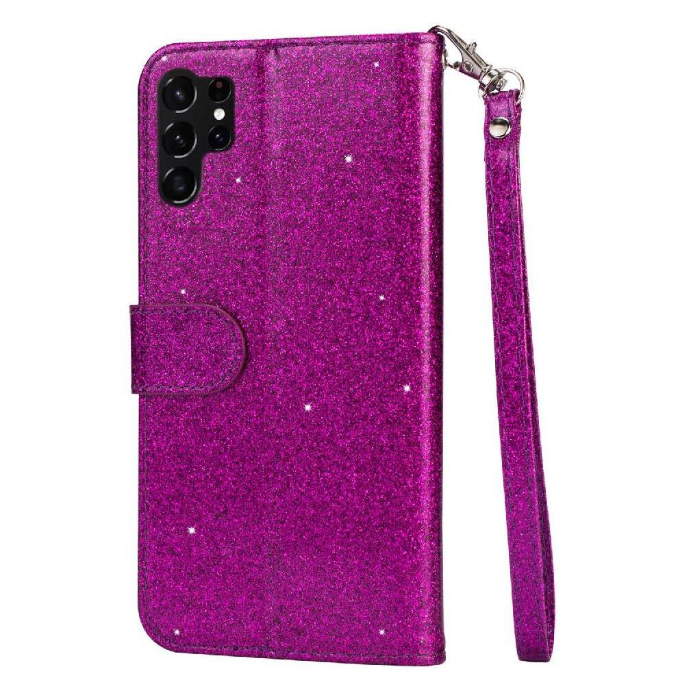 (Purple) Zipper Pocket Case for Samsung Galaxy S24 Ultra Card Holder Glitter Wallet Case Wrist Strap Pu Leather Magnetic Closure