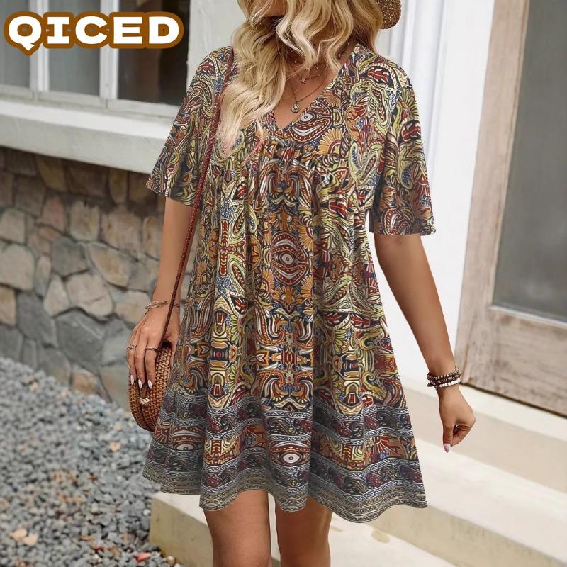 QICED Fashion Summer Spring Short Sleeve V-Neck Casual Dresses Unique design