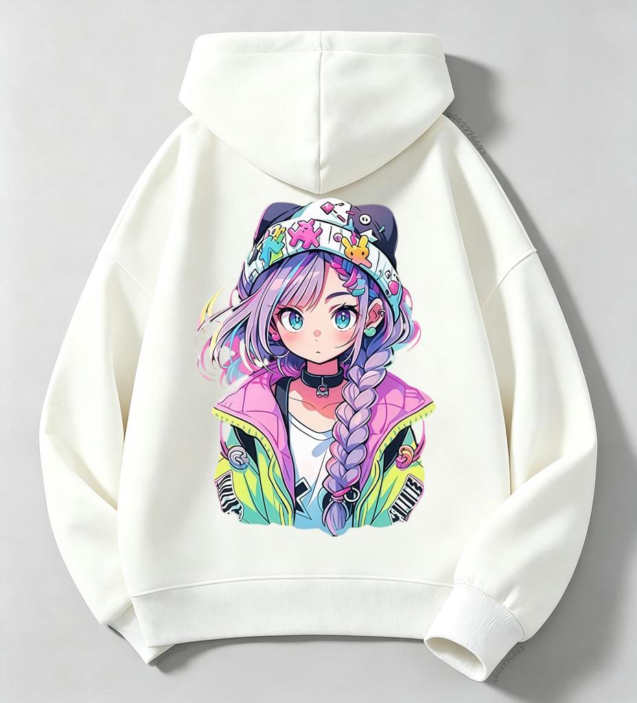 Kids Hoodie Colorful Anime Girl Back Print Hooded Sweatshirt Teen Casual Street Pullover