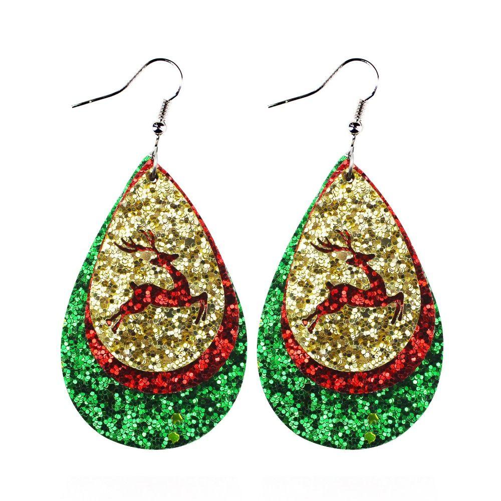 Glitter Christmas Earrings Leather Elk Drop Earrings Fashion Christmas Tree Ear Studs  Xmas