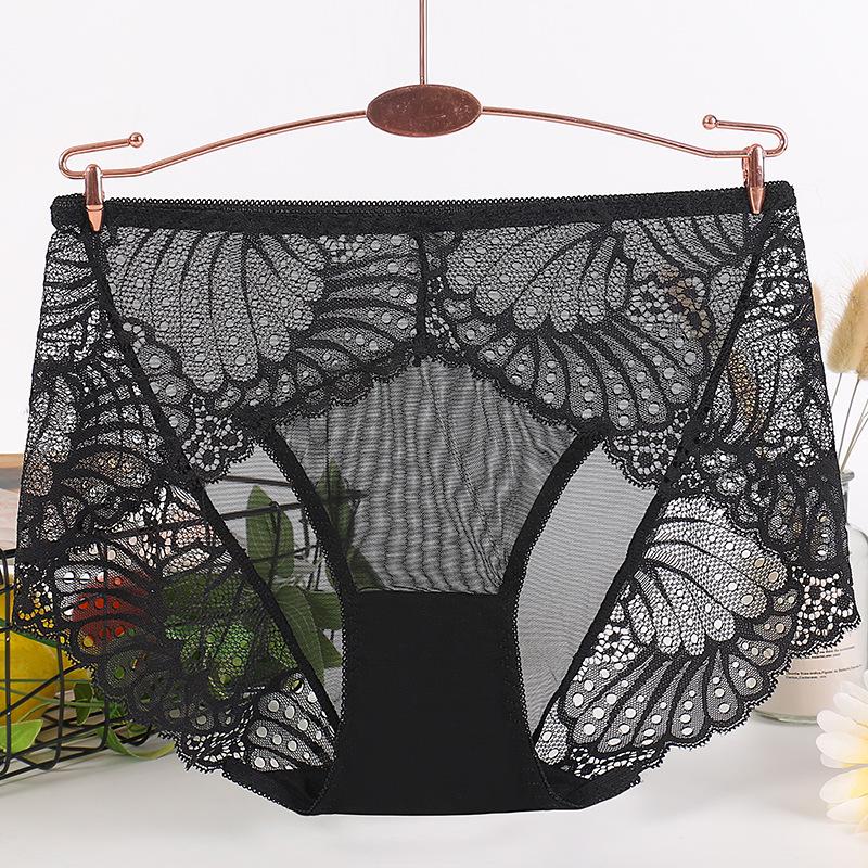 Damen Sexy Spitze Mid-Waist Transparent Panties, Nahtlos Übergröße, Reiner Baumwollzwickel, Dünner Stil Dreieck