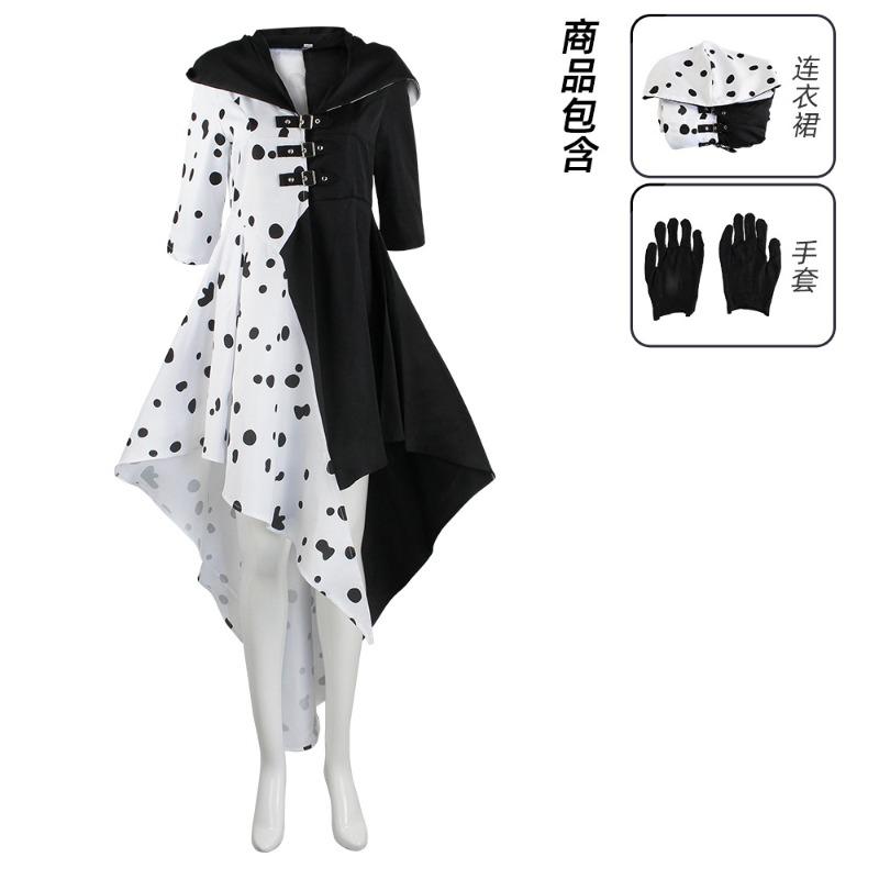 Halloween 101 Loyal Dog cos Dress Black and White Witch Kuila Deville Spotted Costume Performance Costume XS