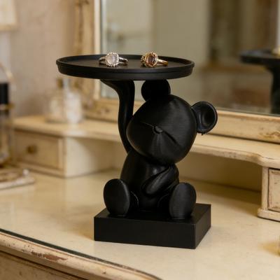 Bear Serving Tray Key Holder Decorative Bear Figurine with Dish Candy Lipsticks Earrings Jewelry Storage Display Stand Table Desk Organizer