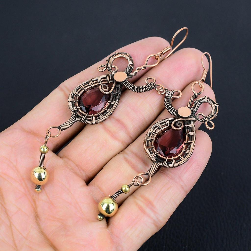Garnet Jewelry, 999 Copper Wire Wrapped Earrings, Handmade Gemstone Jewelry Earrings For Memorial Day