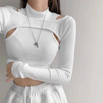 Y2K Hollow Off Shoulder Bottom Women's Short Open Navel T-shirt Slim Fit Fake Two Piece Top