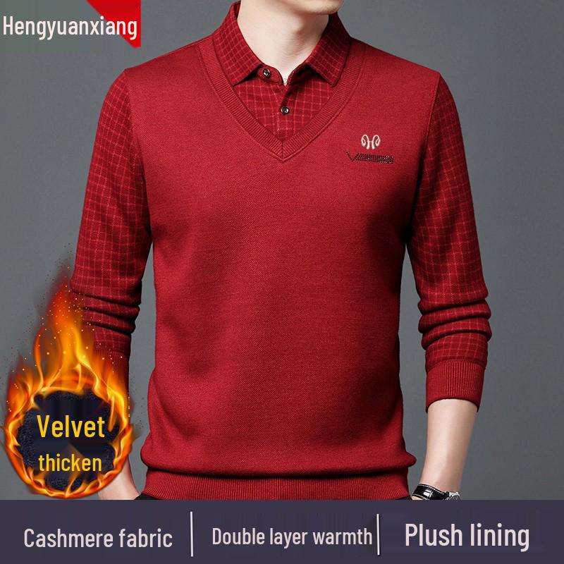 Hengyuanxiang Men's Pure Cashmere Two-Piece Look Thickened Winter Sweater
