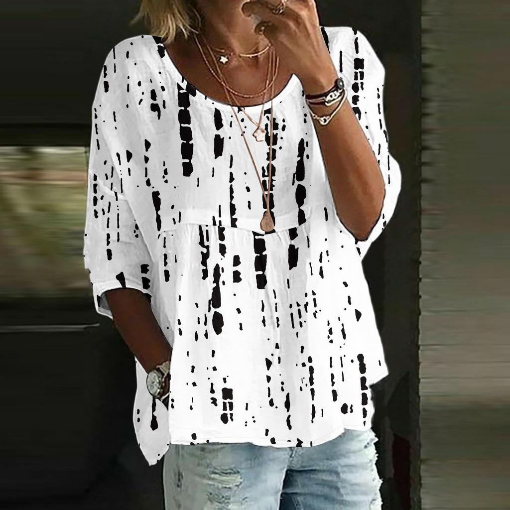 Camicie di Lino da Donna Manica 3/4 Bottoni Scollo O Top Estivi Eleganti Casual Carini