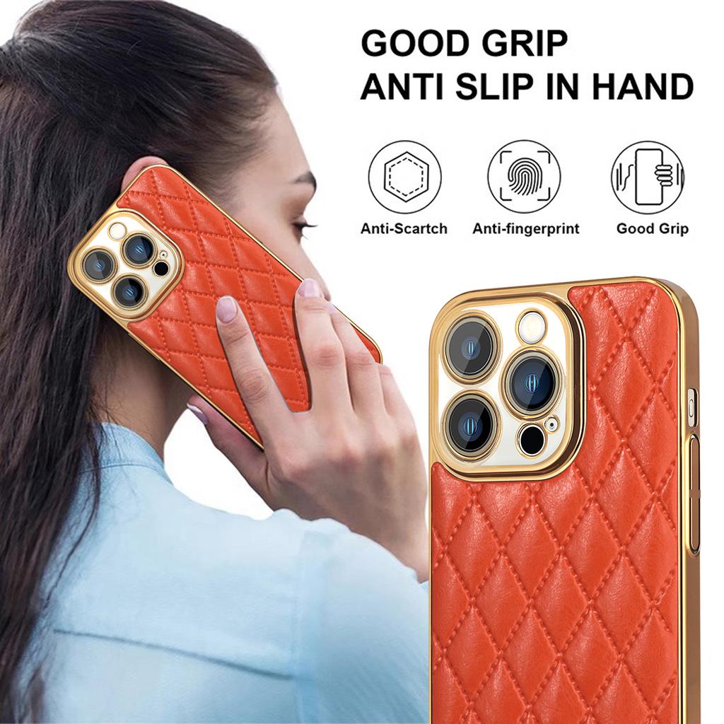 Luxury 3D Diamond Pattern Plating Leather Cases For iPhone 15 Pro Max 14 11 12 13 Shockproof Bumper Hard Lens Protection Cover