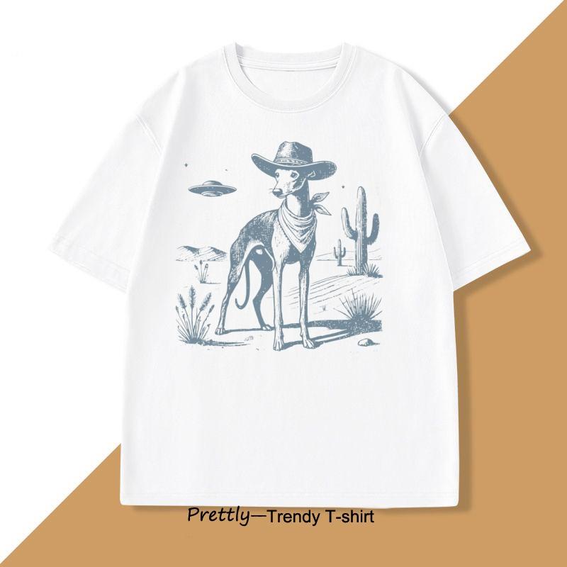 Vintage UFO Western TShirt Cotton Retro Short Sleeve Tshirt Cowboy Wild West Dog Mom T Shirt Casual Round Neck Loose Tees Top