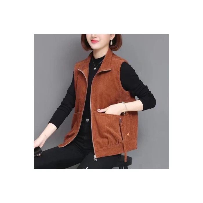 Women's Plus Size Retro Corduroy Vest: Sleeveless Spring/Autumn Casual Style for Middle-Aged Moms.