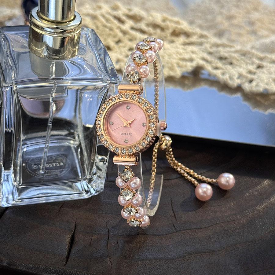 

Light Luxury Women s Quartz Watch with Pearl and Diamond Multi-color Dial Adjustable Pearl Tassel Strap Retro Elegant розовый