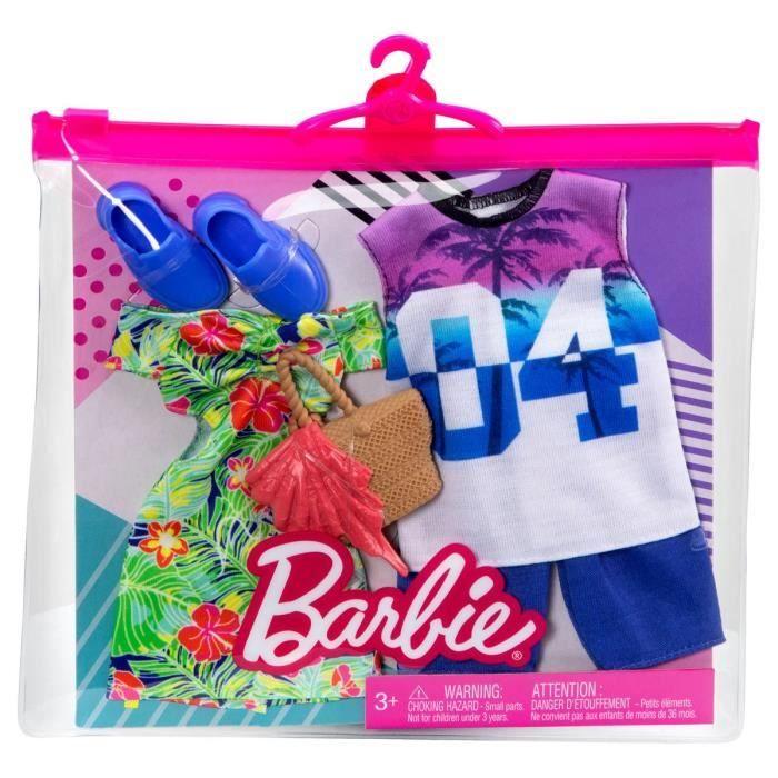 Barbie et Ken Tropical Fashion Pack - HBV72 - Ensemble de 2 Tenues - robe tropicale + sac pour Barbie, maillot + short de bain pour