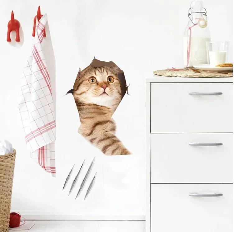 Lebendige 3D Loch Lustige Katze Hund Toilettenaufkleber DIY WC Waschraum Heimdekoration Niedliches Kätzchen Welpe Haustiere Wandkunst Aufkleber