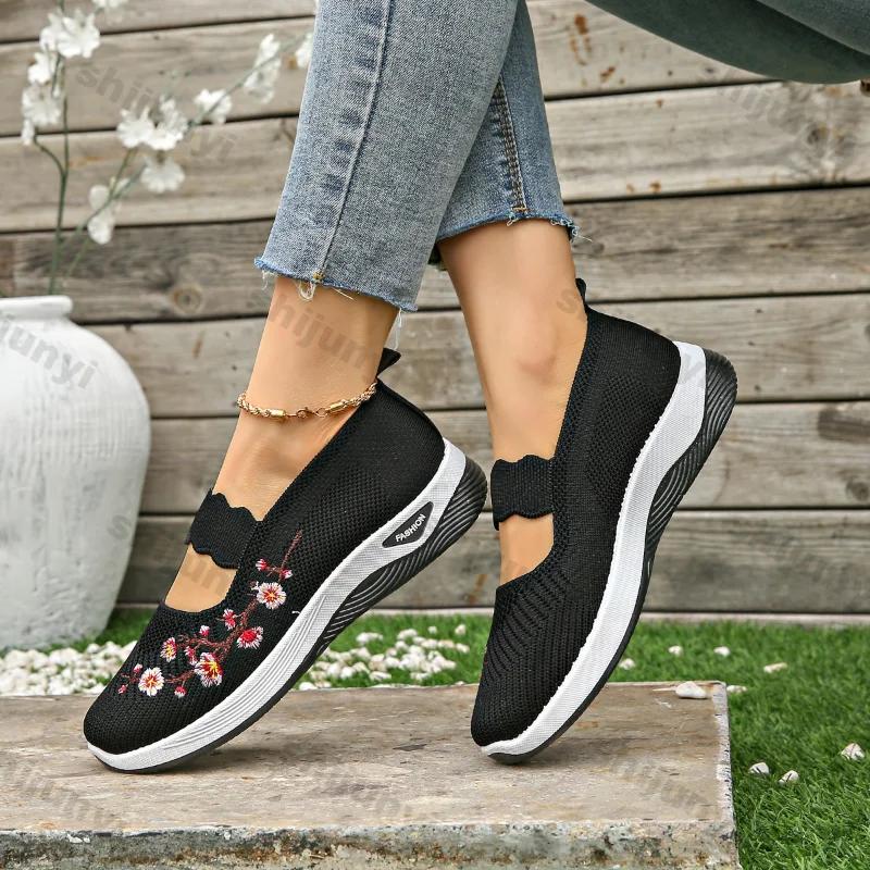 Fashion Women Fashion Leisure Flat Shoes Spring Autumn Flat Square Toe Knitting Elastic Soft Sole Comfortable Slip-on Shoes Plus Size 43