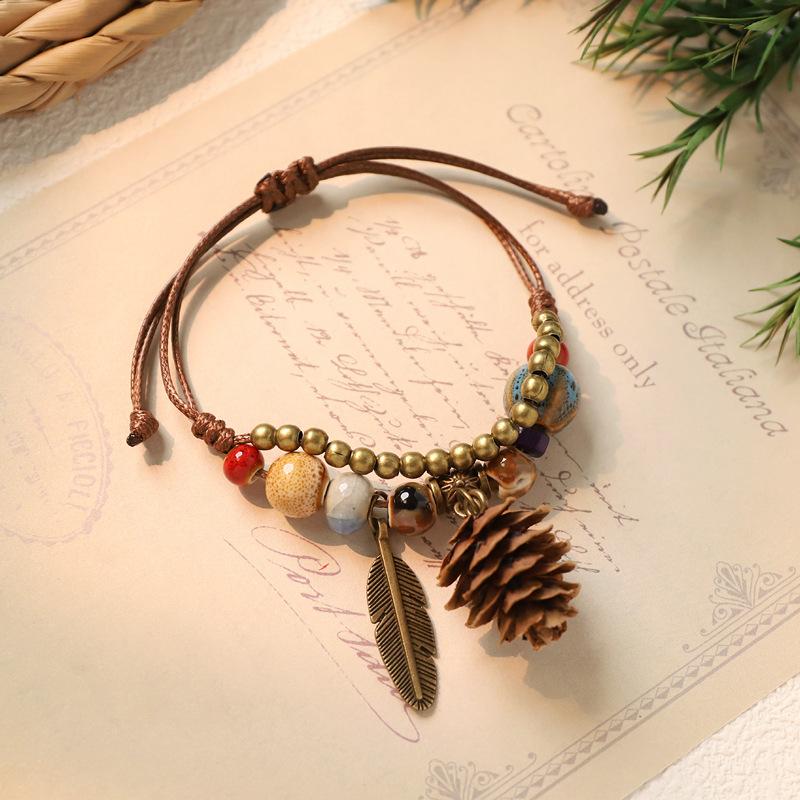 Adjustable Hand Woven Bracelets Women Ceramics Natural Plant Acorn Hand Strap Vintage Forest Series Beaded Rope Chain