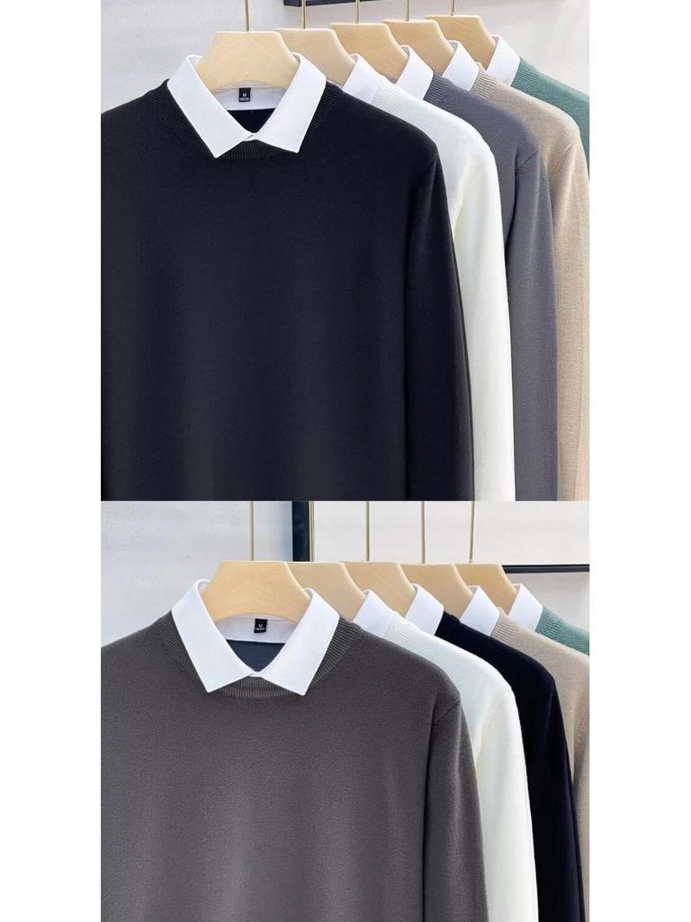 Men's Designer Sweater, Fall 2025: Korean Style Fake Two-Piece with Shirt and Stand Collar, Inner Knitwear Base Layer.