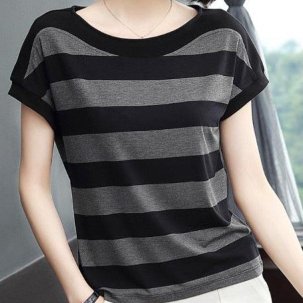 Women Casual Stripe Print Short Sleeve Blouse for Spring/Summer