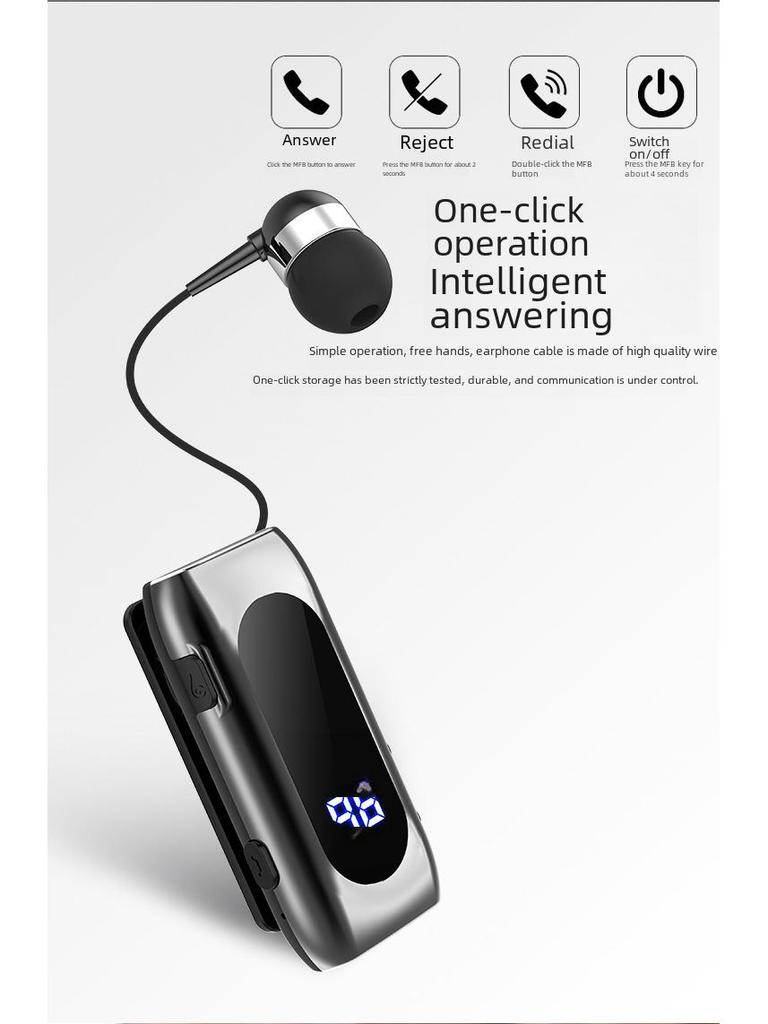 K55 Bluetooth Headset: Vibrating Call Alert, Clip-On Design, Retractable Cable, Smart Connection, Sports Single-Ear In-Ear Style