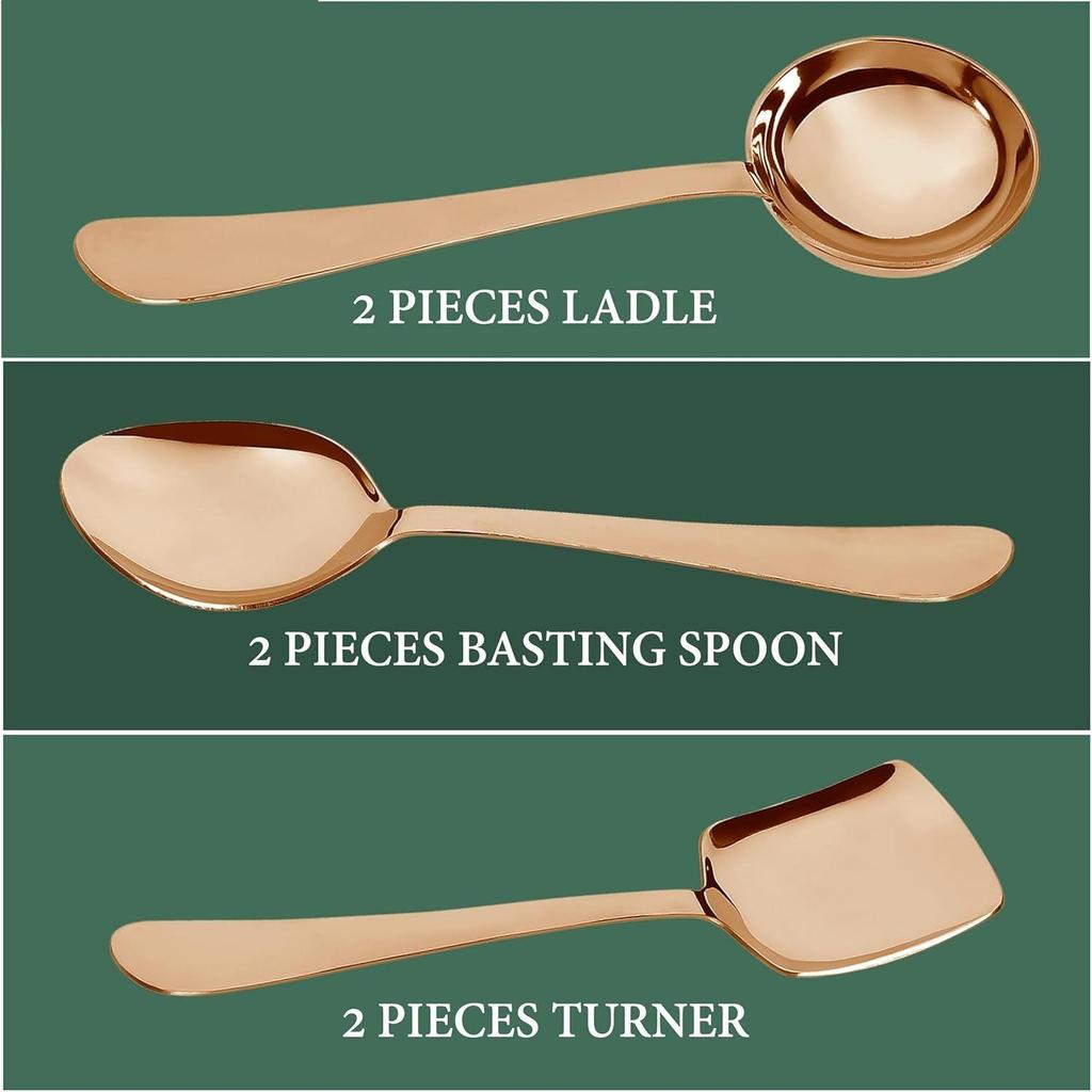 6 Pieces Stainless Steel Rose Gold Serving Spoons Set for Dining Table/Kitchen, 1.8 Mm Heavy Gauge