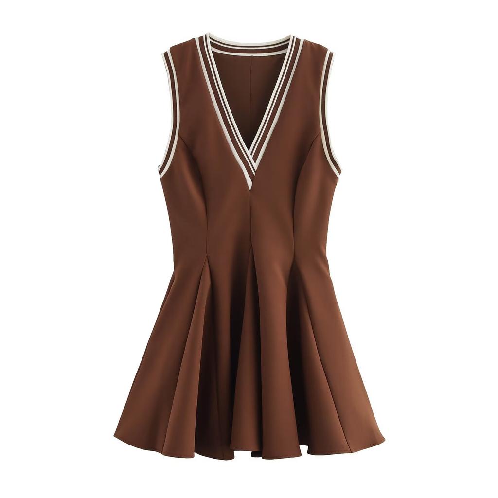 European and American Women's Clothing Spring New College Style V-neck Wide Pendulum Wave Dress