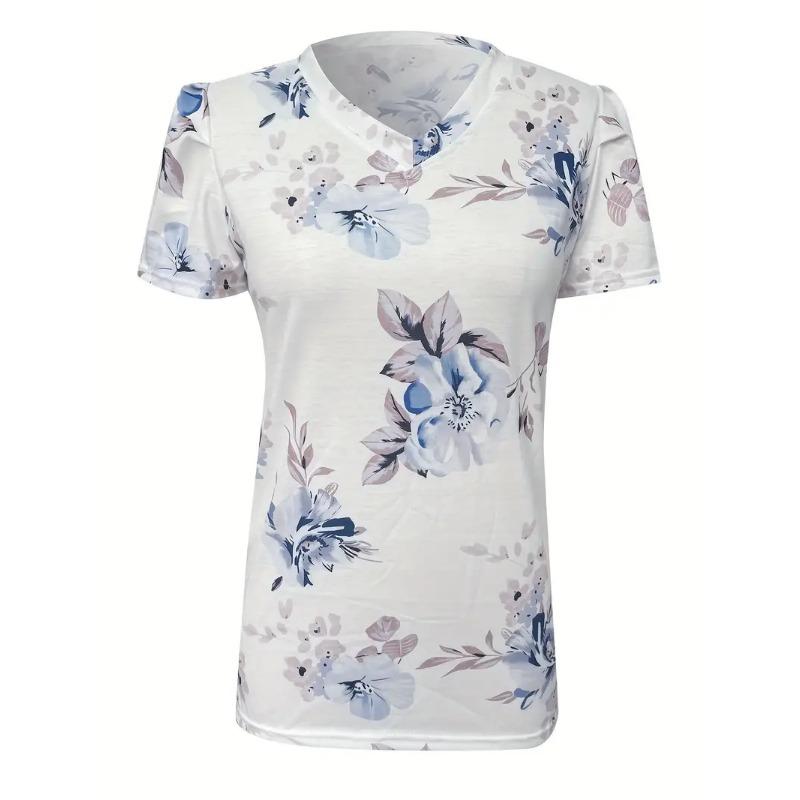 Vintage Floral Print T-Shirt, Random Print V Neck Short Sleeve Casual Top For Summer & Spring, Women's Clothing