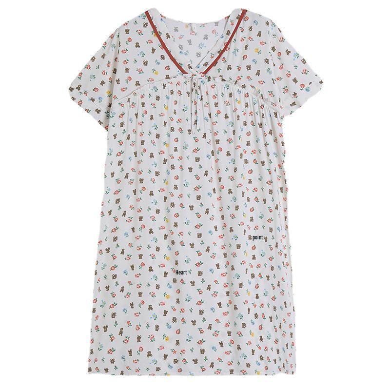 Sweet Summer V-Neck Cotton Rayon Nightgown - Loose-Fit, Short-Sleeved