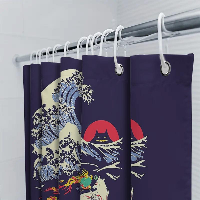 Unframed Japanese Wave Fox Art Bath Curtain Washoku Zen Decor Traditional Home Shower Curtains Japanese Style Bathroom Decoratio