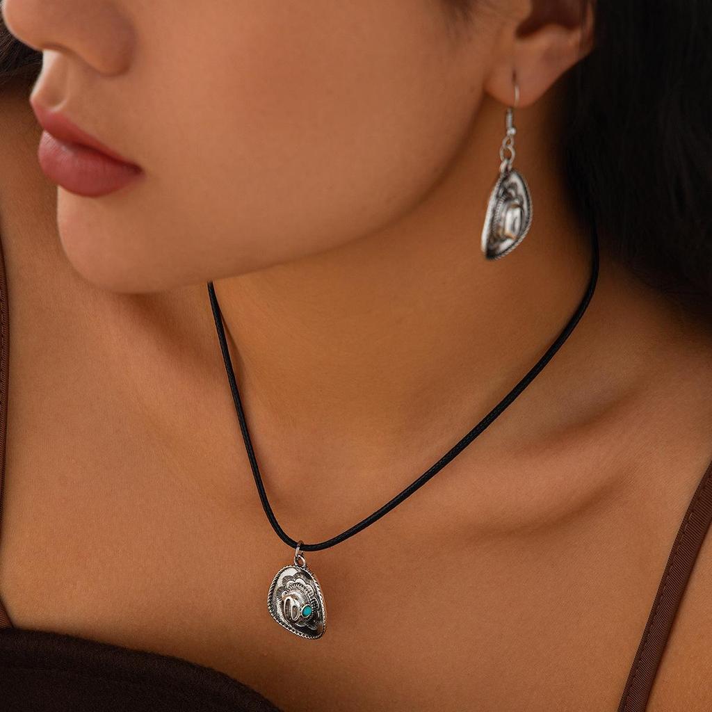 Classic Sun Pendant Necklace Set with Imitation Pearls and Waxed Leather Cord
