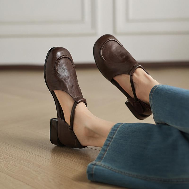 Fashion NEW Summer Women Sandals Genuine Leather Shoes for Women Round Toe Low Heel Shoes Soft Daily Shoes Cover Toe Cover Heel Sandals