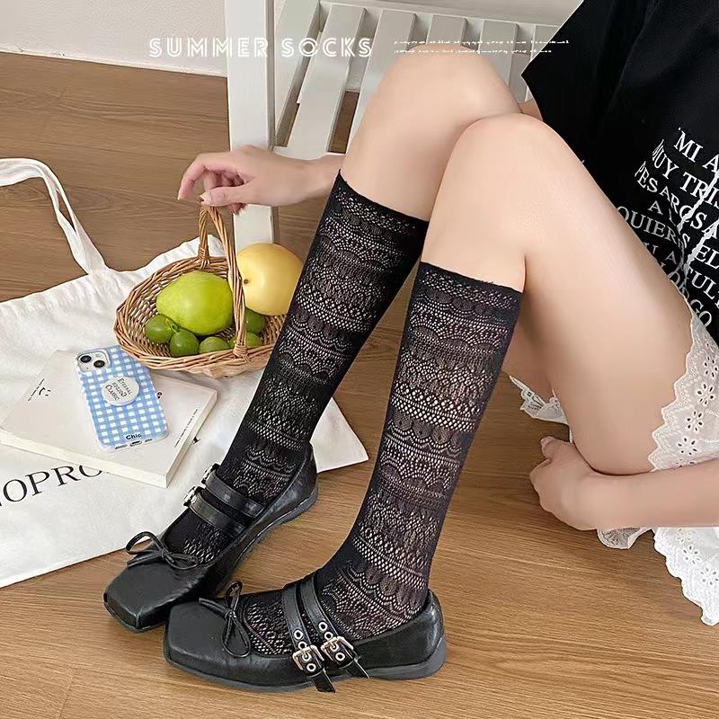 Summer Thin Solid Color Mesh Hollow Socks for Women Jk Slimming Knee-high Socks In Ballet Style, Vintage High Socks