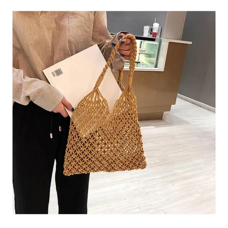 New Wind Cotton Handmade Woven Beach Bag One Shoulder Portable Leisure Hollowed Out Tourism and Vacation Fishing Net Bag