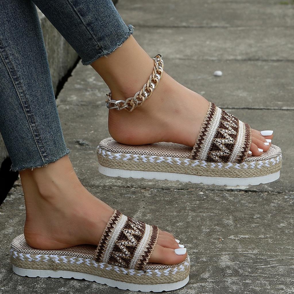 Ladies' Wedge Heel Sandals, Thick-soled Shoes Made of Woven Hemp Rope, and Comfortable Sponge Slippers