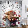 Farmhouse Highland Cow Shower Curtain 60Wx72L Inch Cute Calf Funny Bull Country Cattle Rustic Hello Sweet Cheeks Wooden Farm Red